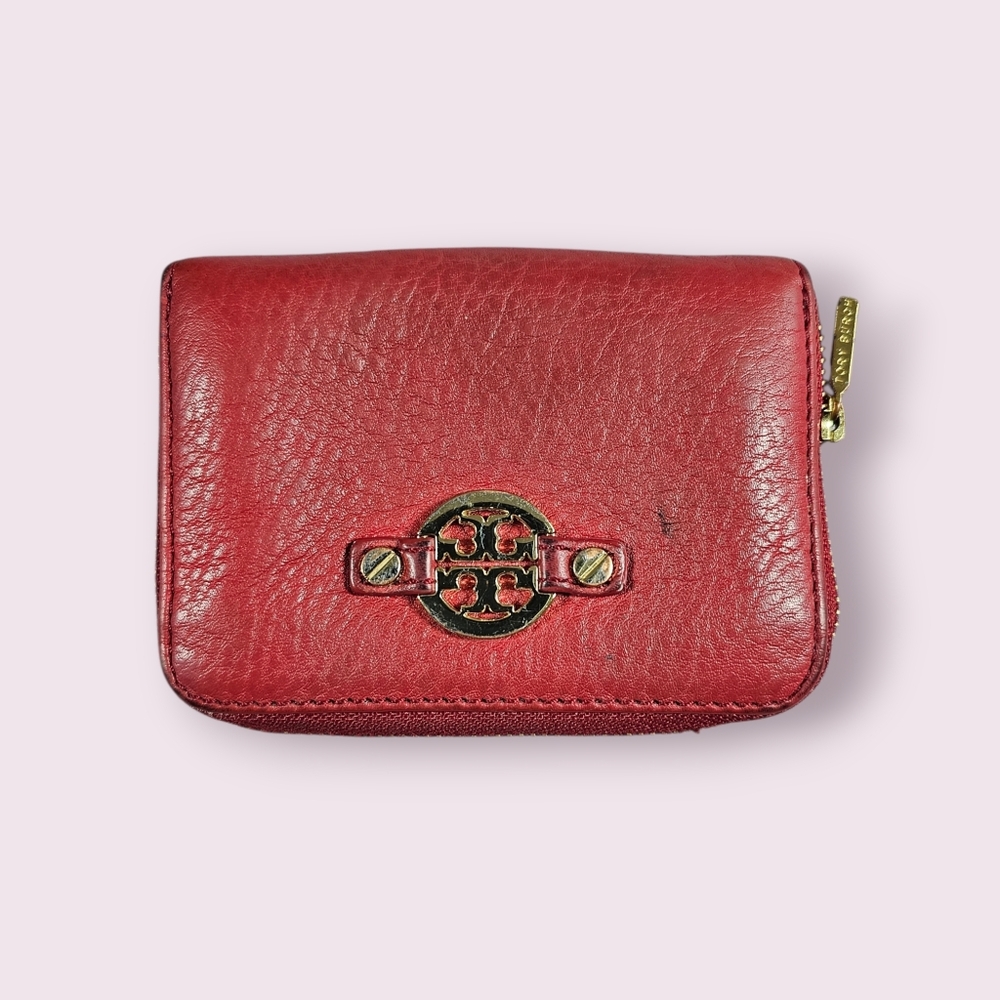 Tory Burch Cherry Red Grain Leather‎ Gold Front Logo Mini Wallet